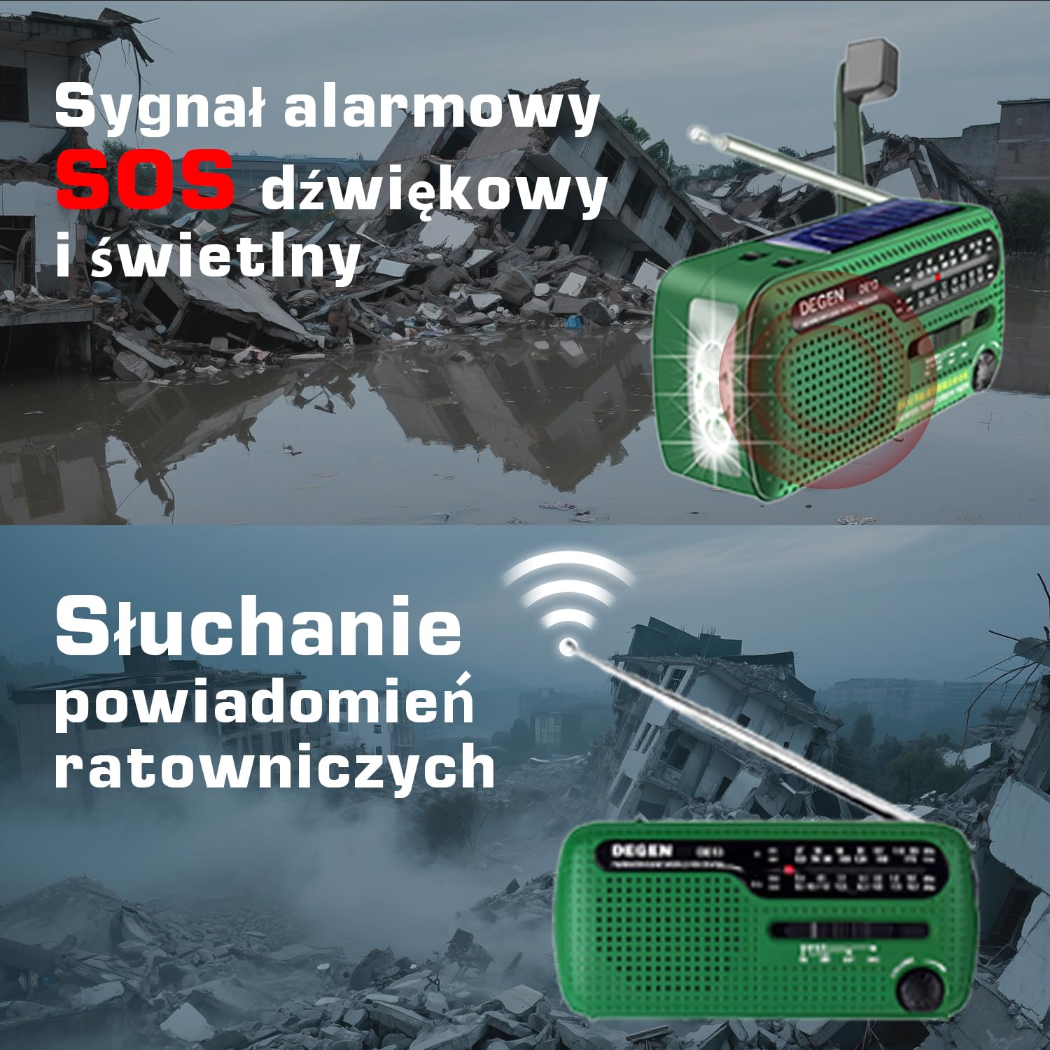DEGEN DE13 Wind Up Radio korbowe solarne FM AM SW awaryjne radio pogodowe latarka SOS alarm ładowalny telefon komórkowy do użytku awaryjnego i na zewnątrz zielony