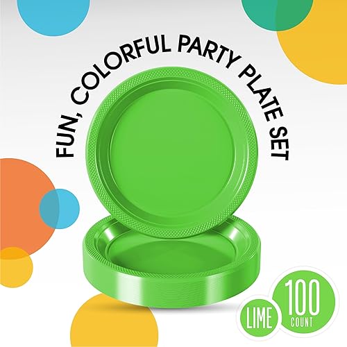 Miniatura 2 de Exquisitos platos de plástico verde lima para fiesta de 7 pulgadas, platos desechables de color verde lima, suministros resistentes, 100 piezas,