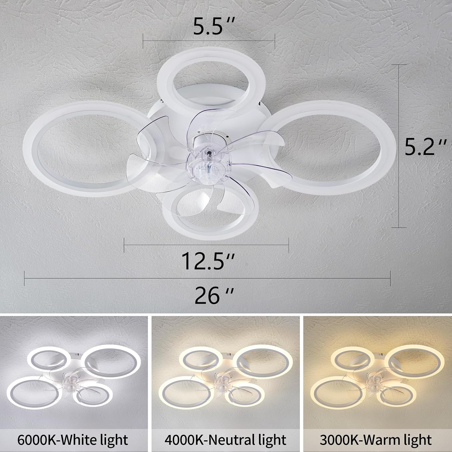 26" White Geometric Circular Ceiling Fan with Lights Remote Control, 3 Colors 6 Speeds Low Profile Ceiling Fan with Light for Kitchen Bedroom