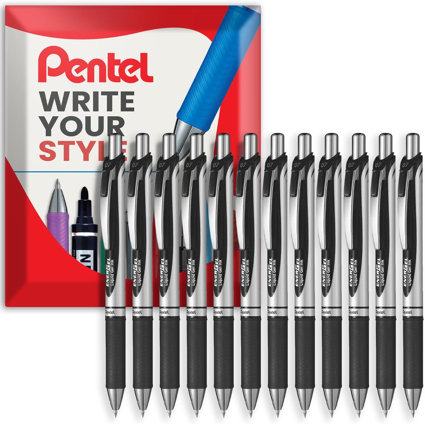 Pentel EnerGel XM BL77 - Retractable Liquid Gel Ink Pen - 0.7mm - 54% Recycled - In Pillow Packaging (Black Pack of 12)