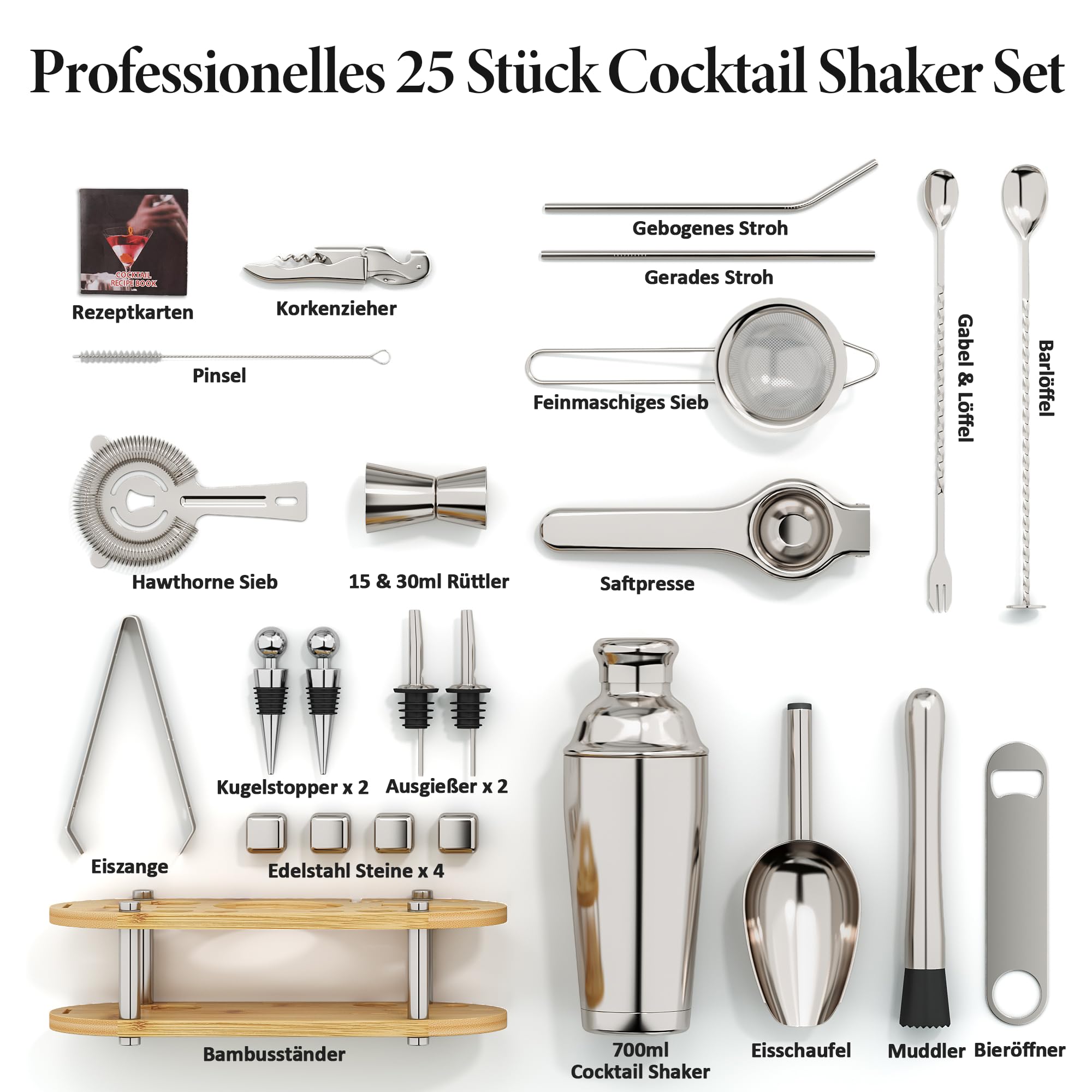 25 Stück Cocktail Shaker Set Avec Support en Bambou et Recettes | 304 Edelstahl, 700ml Boston Shaker, Komplett Bartender Kit, Professionell Bar Zubehör für Cocktails Getränke Mxen, Schenken