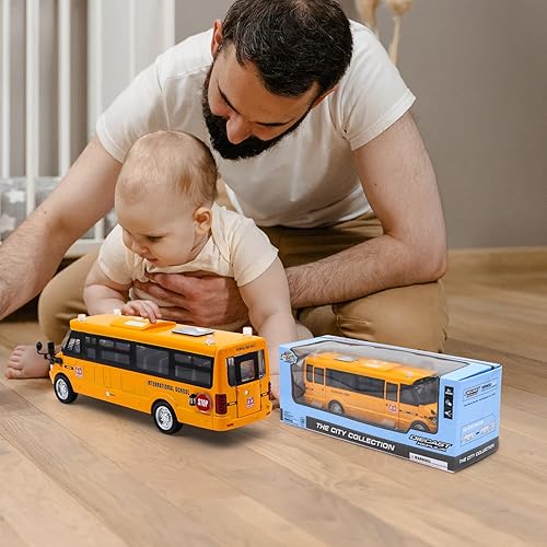 Miniatura 6 de Autobús escolar de juguete para niños pequeños – Autos de 9 pulgadas con luces sonoras y puertas que se abren, juguetes de autobús escolar para