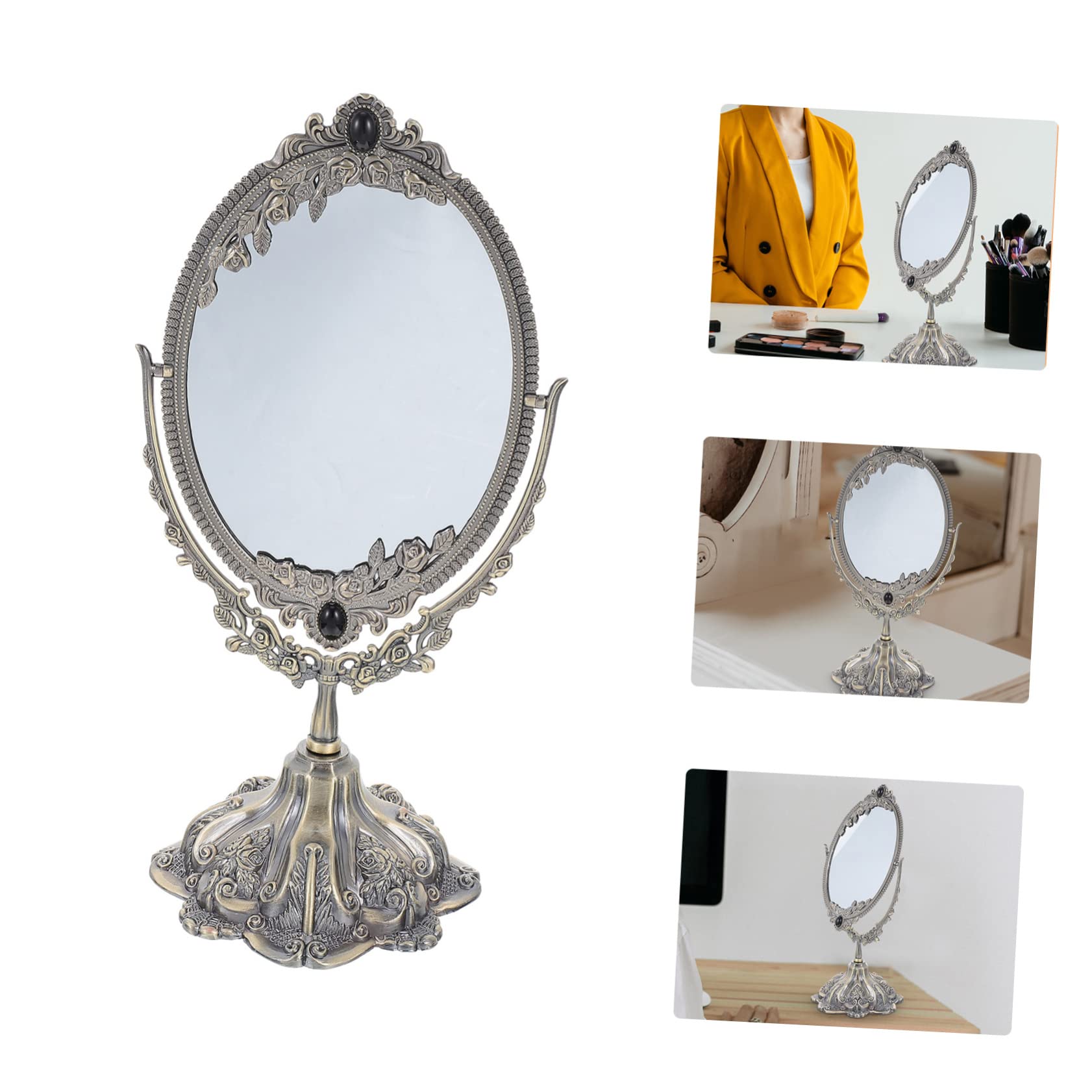 OUNONA Doppelseitiger Tischspiegel aus Zinklegierung im Retro Design | Drehbar, Flacher Standfuß, Hohe Auflösung, Europäischer Stil, Elegant für Hochzeits und Make Up Nutzung