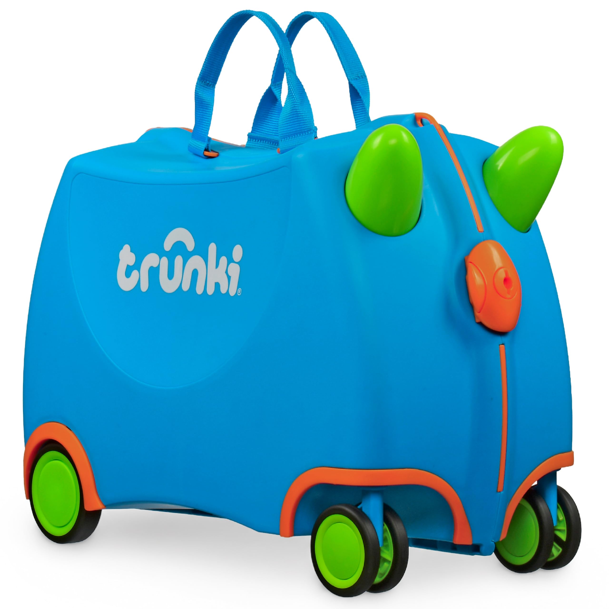 TRUNKI Kinderkoffer zum Draufsitzen mit 360°-Vorderrädern – 17,6-Liter-Handgepäckkoffer, Kabinengepäck mit Rollen, als Handgepäck zugelassenes leichtes Kinderreisegepäck mit Zuggurt, 46 × 21 × 31 cm.