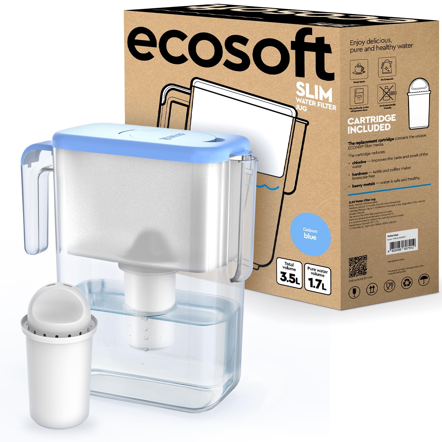 Ecosoft Slim Dzbanek filtrujący wodę – kolor niebieski, pojemność 3,5 l, redukcja chloru i limonki, kompaktowa konstrukcja na lodówkę, w zestawie filtr