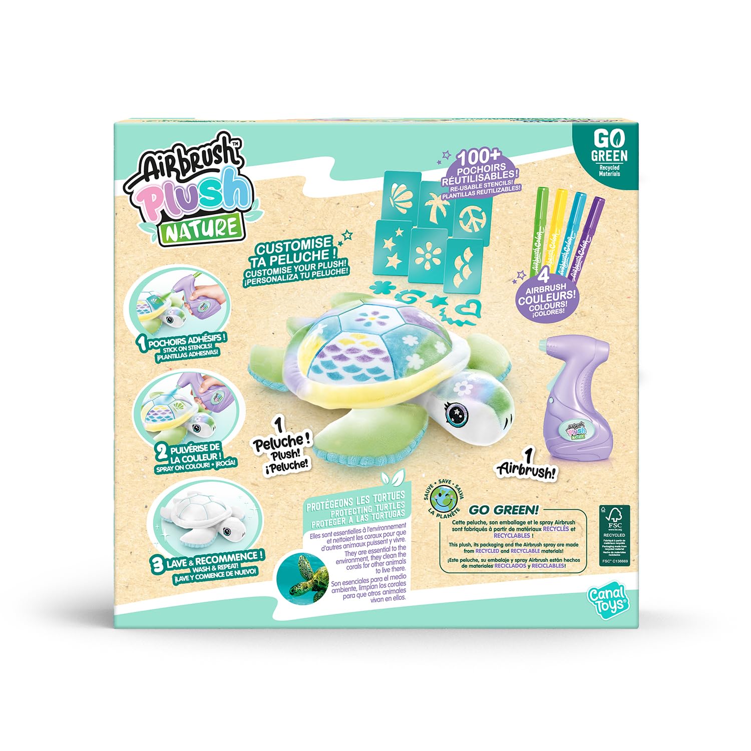 Canal Toys Airbrush Nature Żółw Dostosowywany - Pluszowa sztuka w sprayu z flamastrami i szablonami-certyfikaty FSC i GRS-od 6 lat 280-kanałowe zabawki, OFG 280