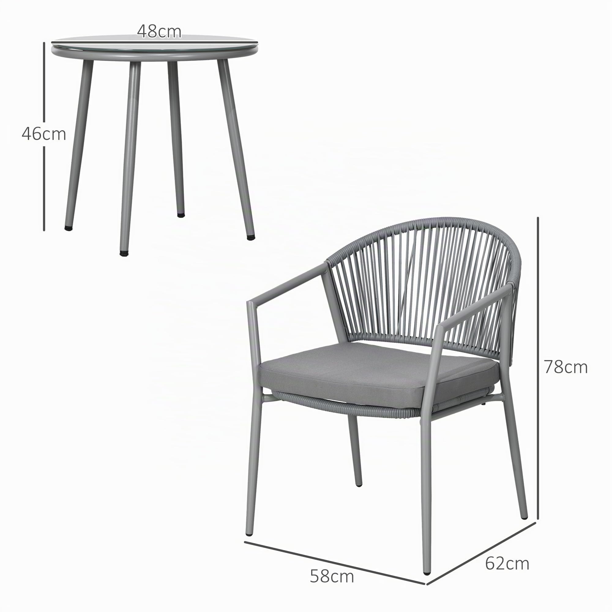 Outsunny Conjunto de Jardín Exterior de 3 Piezas Ratán para Balcón Gris | Juego de 2 Sillas y Mesa, Cojines Acolchados, Encimera de Vidrio, Terraza