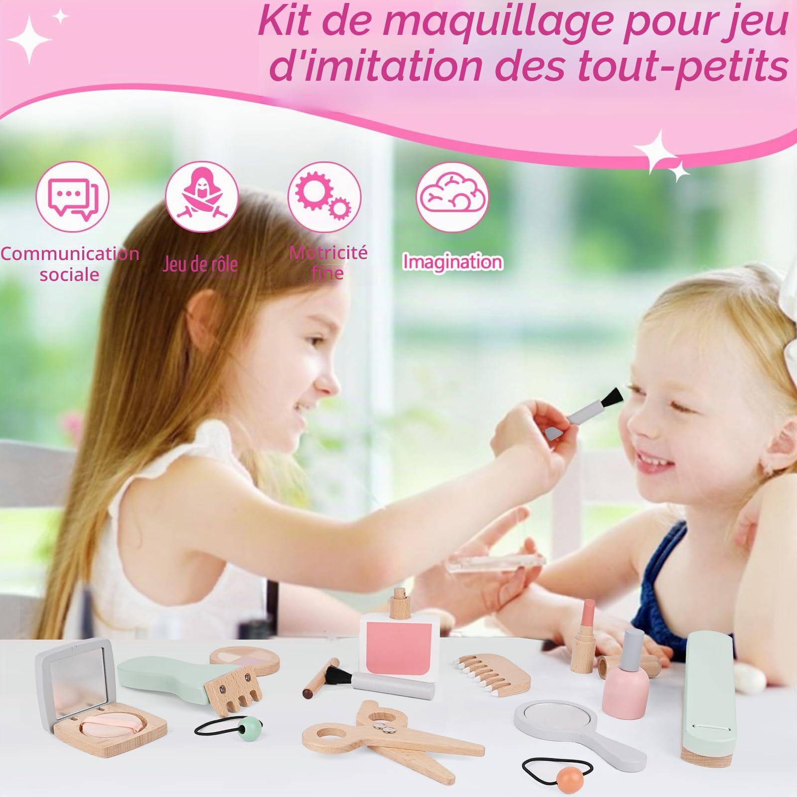 Gerbala Faux Maquillage Enfant Fille en Bois, Kit Beauté Bois, Malette Faux Maquillage, Accessoires Coiffeuse Fille, Coffre à Jouets Coiffure, Cadeau d'anniversaire de Noël pour 3 4 5 6 7 8 Filles