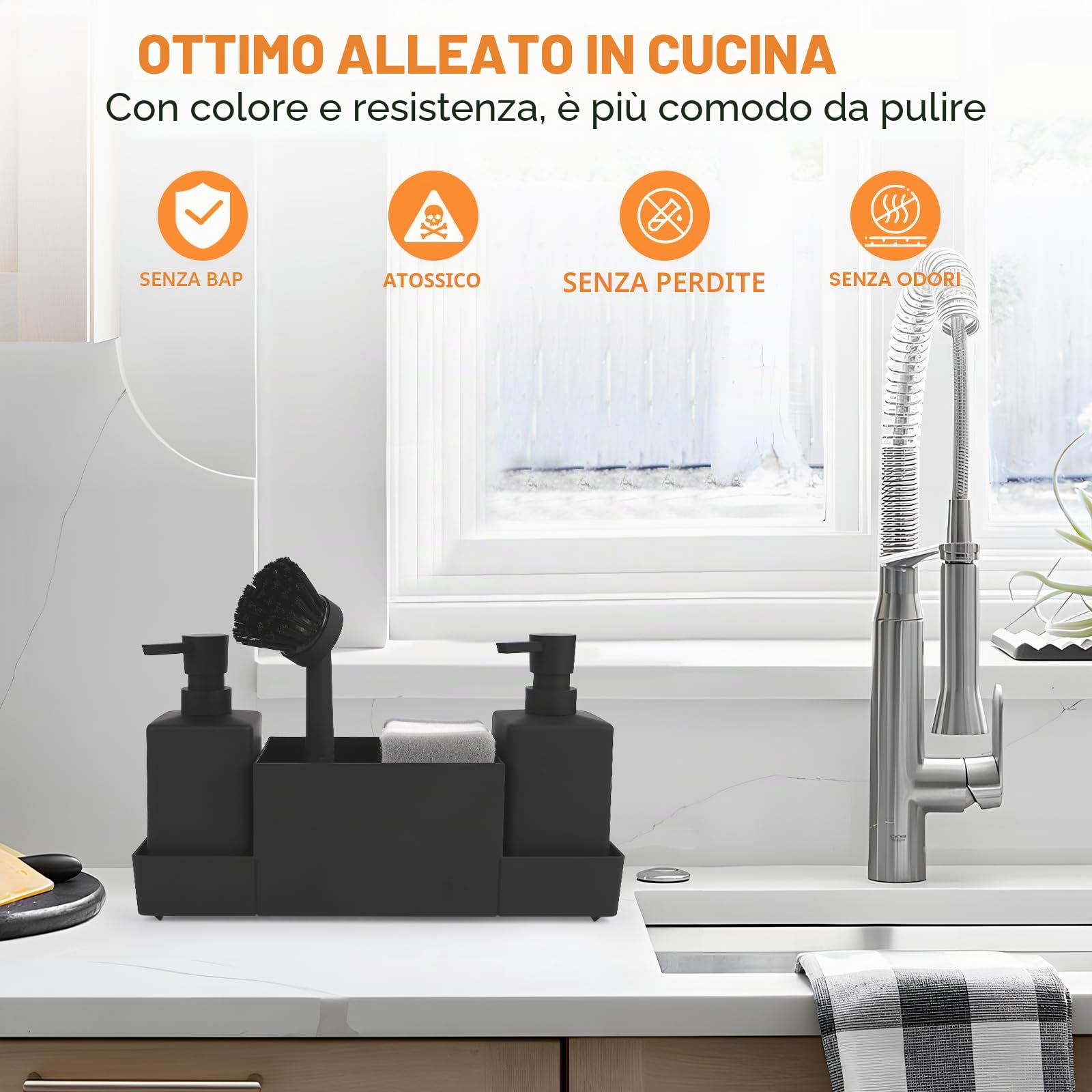 Dispenser Di Sapone Da Cucina, Porta Spugne Con Dosatore, Set Bagno Porta Sapone e Spazzolini,Con Spugna e Spazzola, Per Box Lavello,Cucina,Bagno (Nero)