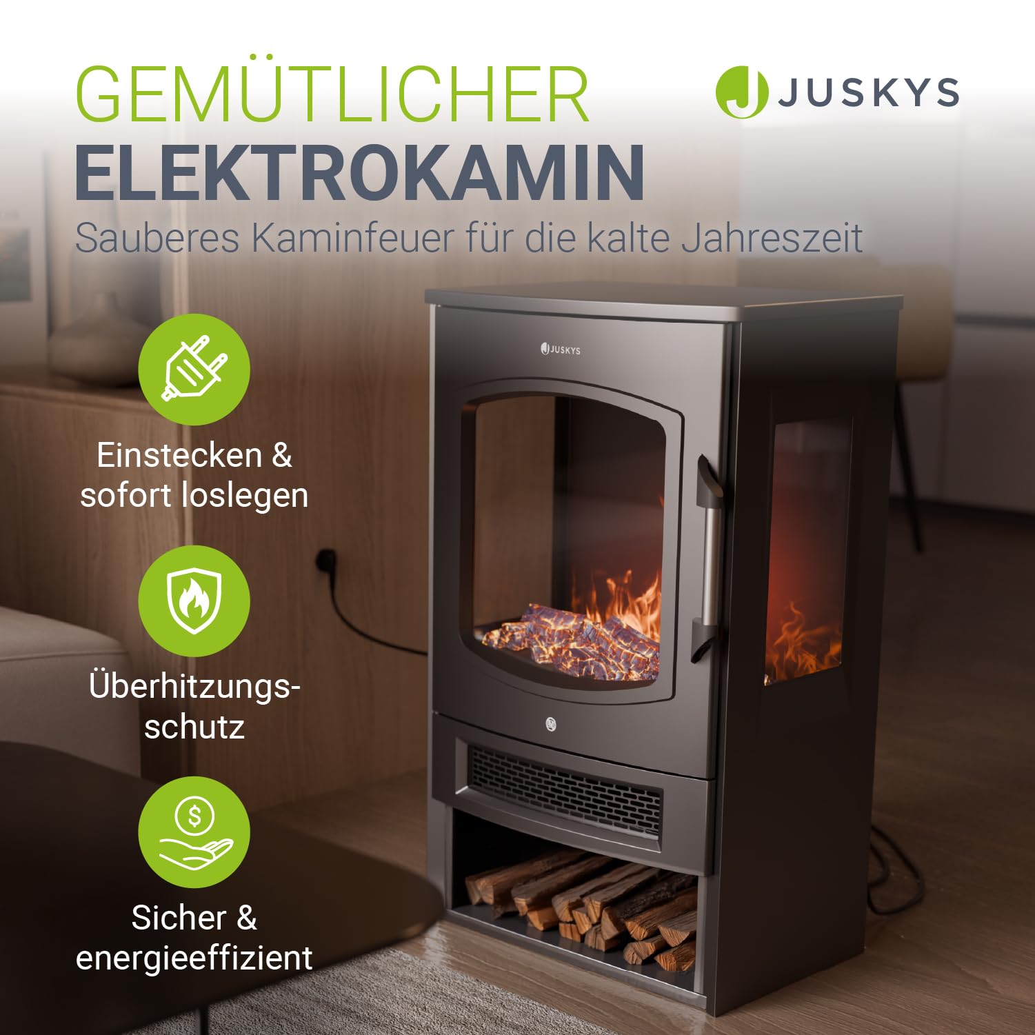 Juskys® Elektrokamin 1800W — Schwarz, elektrischer Standkamin mit LED-Flammeneffekt, WLAN/App-Steuerung, Fernbedienung
