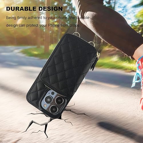 Miniatura 8 de Bocasal Funda tipo cartera cruzada para iPhone 14 Pro, con bloqueo RFID, de piel sintética, con cremallera, funda tipo cartera con función atril y