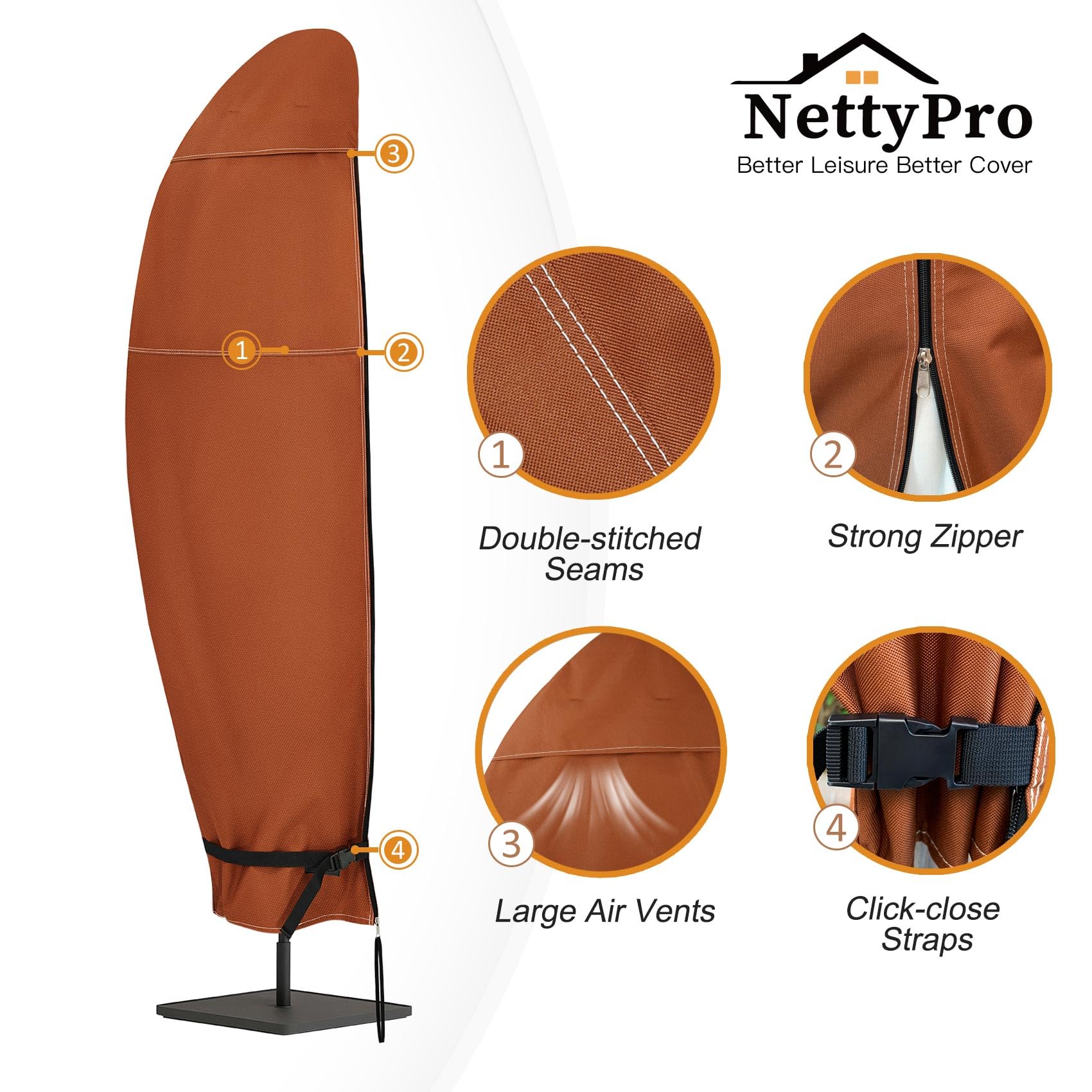 NettyPro Terrassenschirm-Abdeckung, wasserdicht, freitragender Offset-Sonnenschirm, Bananen-Regenschirm-Abdeckung, passend für 3 m bis 3 m, Braun
