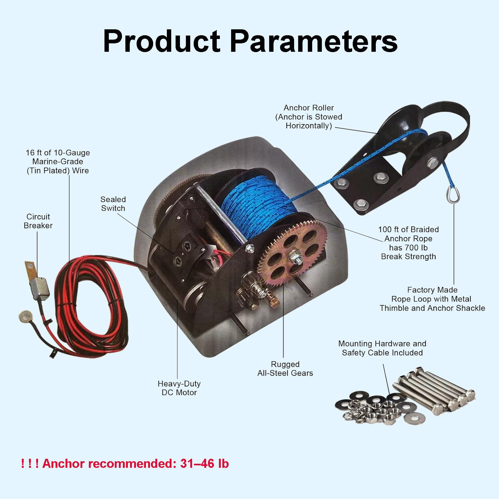 Kit verricello elettrico per barca e salpa ancora con telecomando wireless, portata 21 kg e corda da 31 m, ideale per piccole barche e gommoni