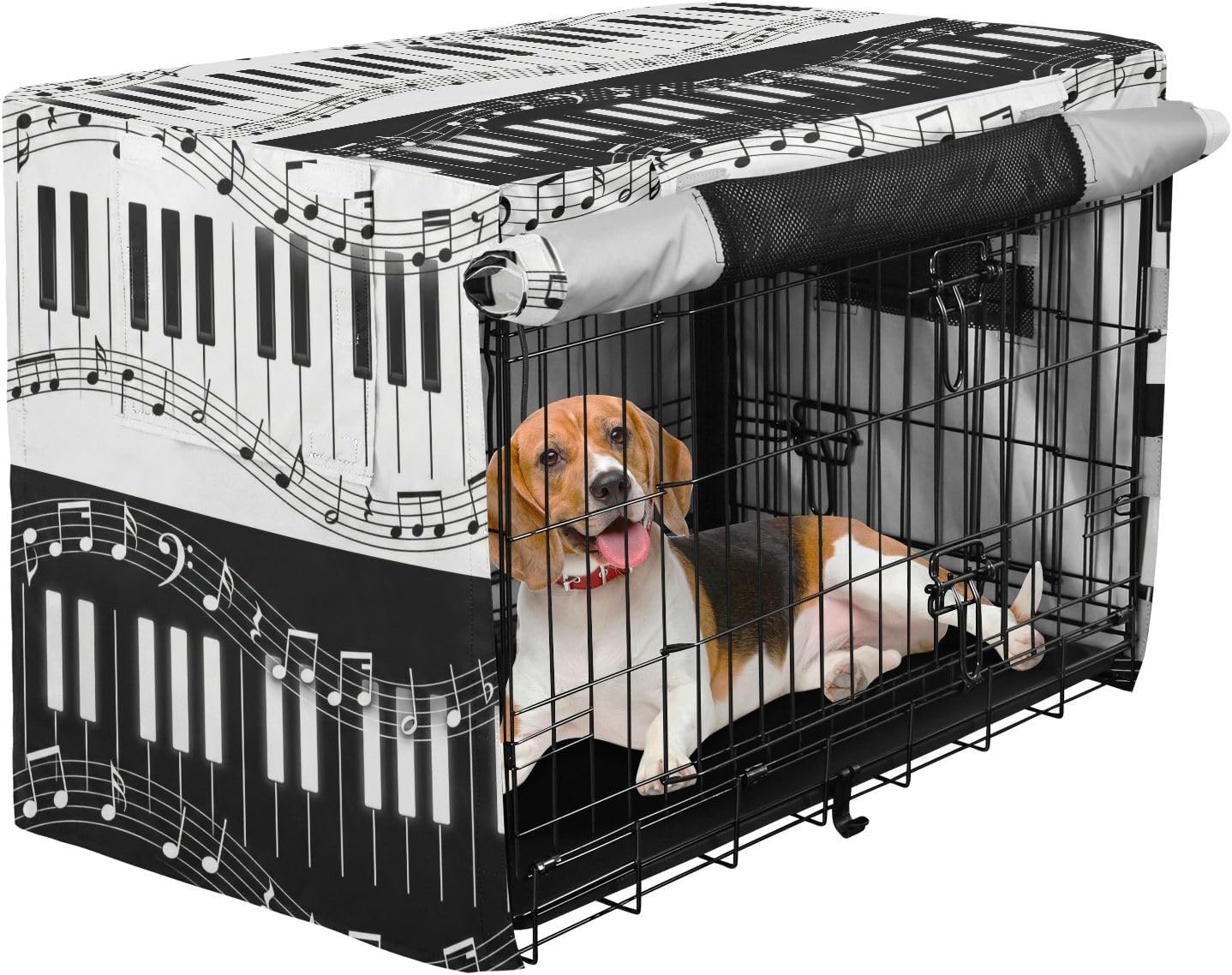 Duty 600D Silver Coated Dog Crate Cover, Water-Resistant Piano Keys Pet Kennel Canopy with Mesh Windows for Optimal Ventilation, Universal Fit for Standard Wire Cage, Indoor & Travel