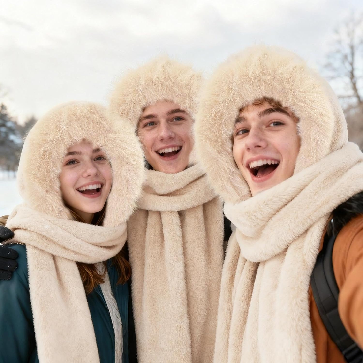 Hooded Scarf for Women Winter, Ear Hat Scarf 3 in 1Faux Fur Gloves Set Soft Thick Warm Hat - Image 3