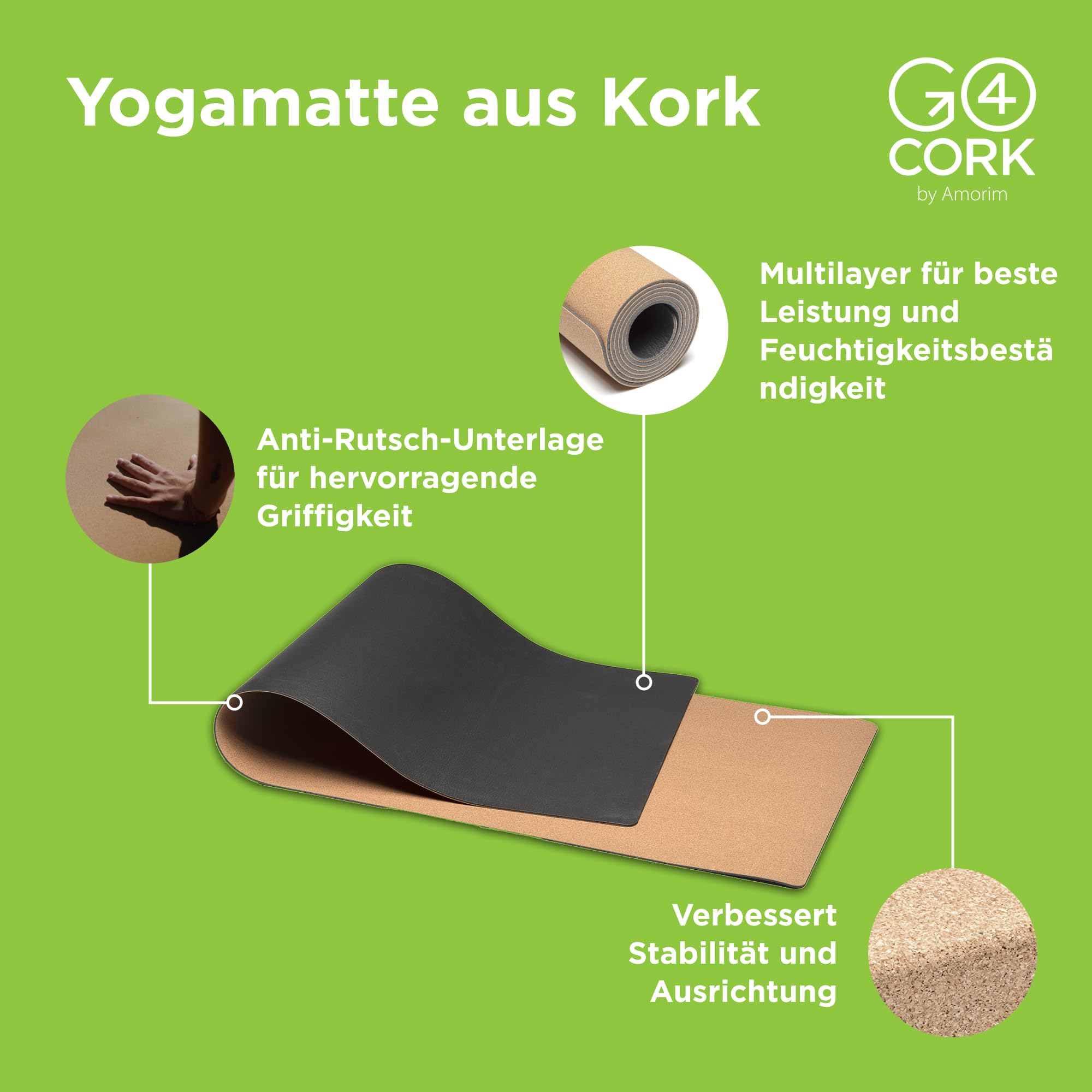 Go4Cork Yoga Anti-Rutsch Essential Kork-Yogamatte – 195 x 65 x 0,4 cm | Große & umweltfreundliche Yogamatte | Leichte & kompakte Fitnessmatte für Zuhause, Pilates & Stretching | Natur/Schwarz | Große Umweltfreundliche Fitnessmatte | Leicht & Kompakt | Yog