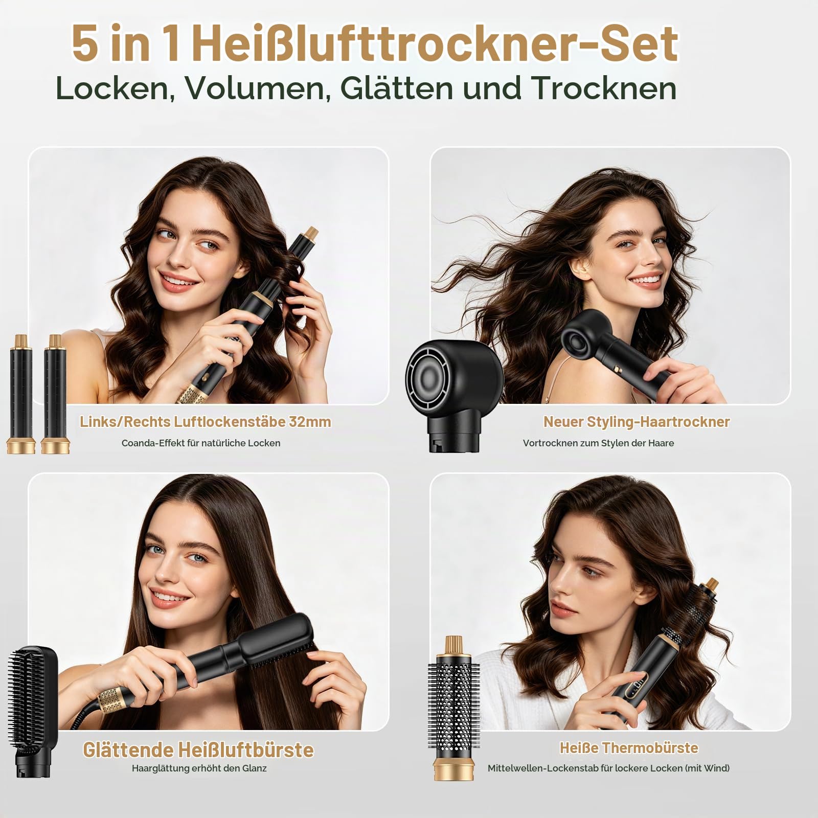 Hair Styler Set 5 in 1 mit LCD-Temperaturanzeige 1000W | Haarstyler,Ionen-Haartrockner&Warmluftbürste,3 Heizstufen,Rundbürstenföhn Hairstyler Set Für Glätten Trocknen Volumen Locken