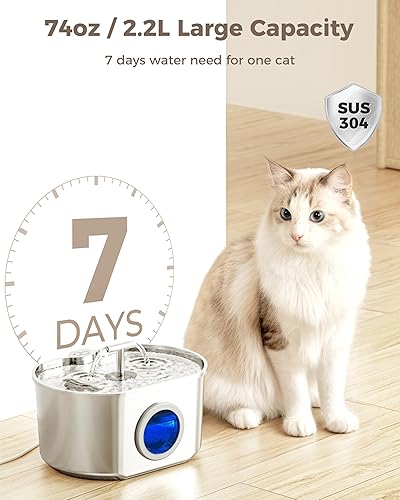 Miniatura 2 de Fuente de agua para gatos de acero inoxidable  Fuente de agua para mascotas para gatos en interiores  Dispensador automático de agua de 2.2L74 onzas