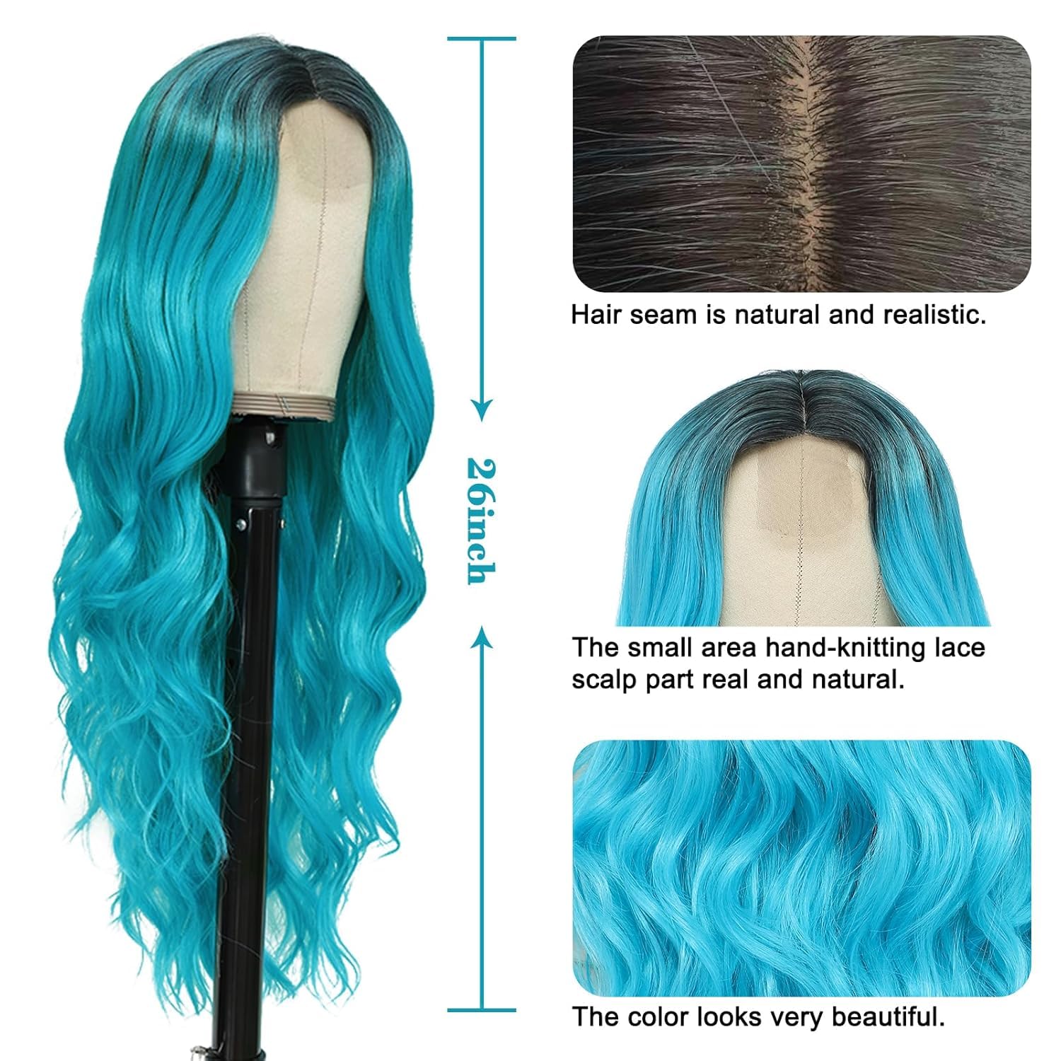 PORSMEER Long Ombre Bluish Light Blue Wavy Wig for Women 26 Inch Middle Part Lace Hairline Curly Wavy Wig Natural Looking Synthetic Heat Resistant Hair for Halloween Party or Daily Use - Image 2