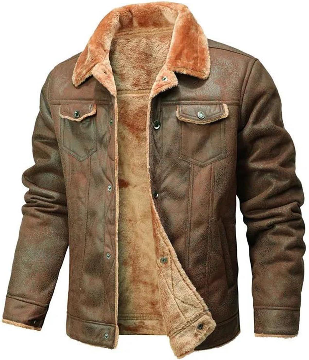 Men's Single Breasted Suede Leather Jacket Faux Fur Lined Warm Coat Slim Fit Motorcycle Style Soft Winter Outerwear
