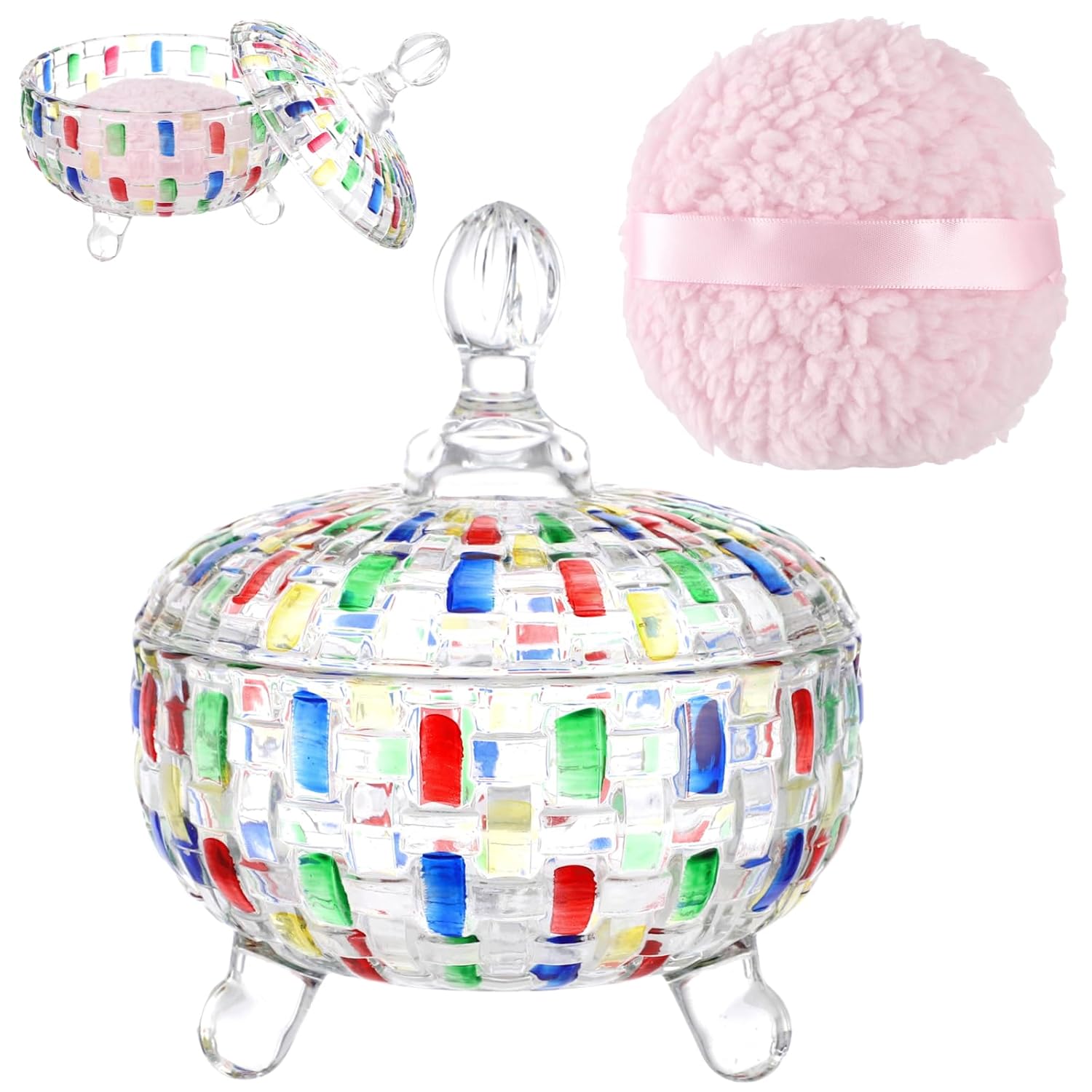 2 PCS Large Body Powder Puff with Glass Container Set, Soft Washable Puff Set for Face & Body, Reusable Puff with Ribbon Band for Makeup Glitter Application, After-Bath Care
