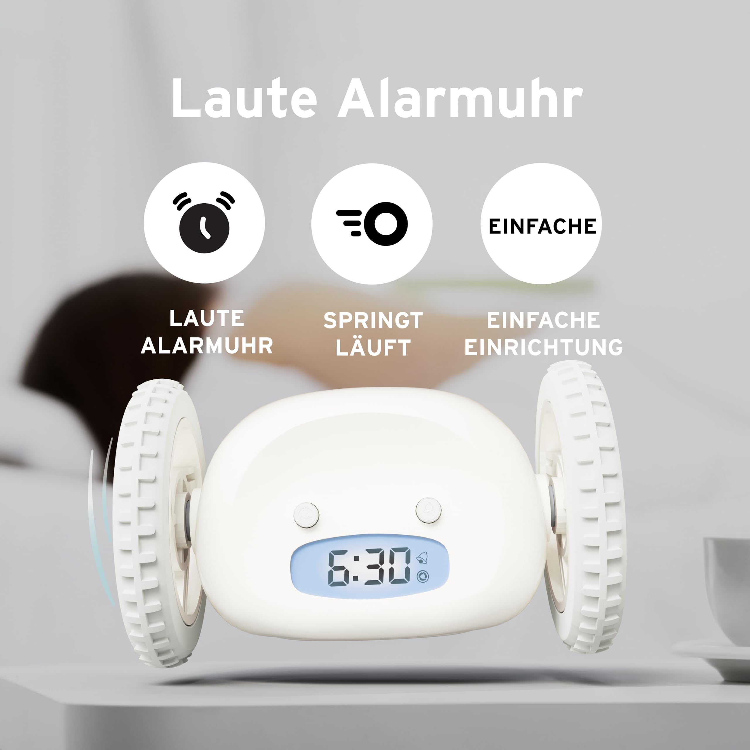 CLOCKY, Wecker auf Rädern (Original) | Laut für Schlafmützen Cool, Fun, Wird springen, jagen, weglaufen, Sich bewegen, Rollen. (Schwarz&Schwarz)