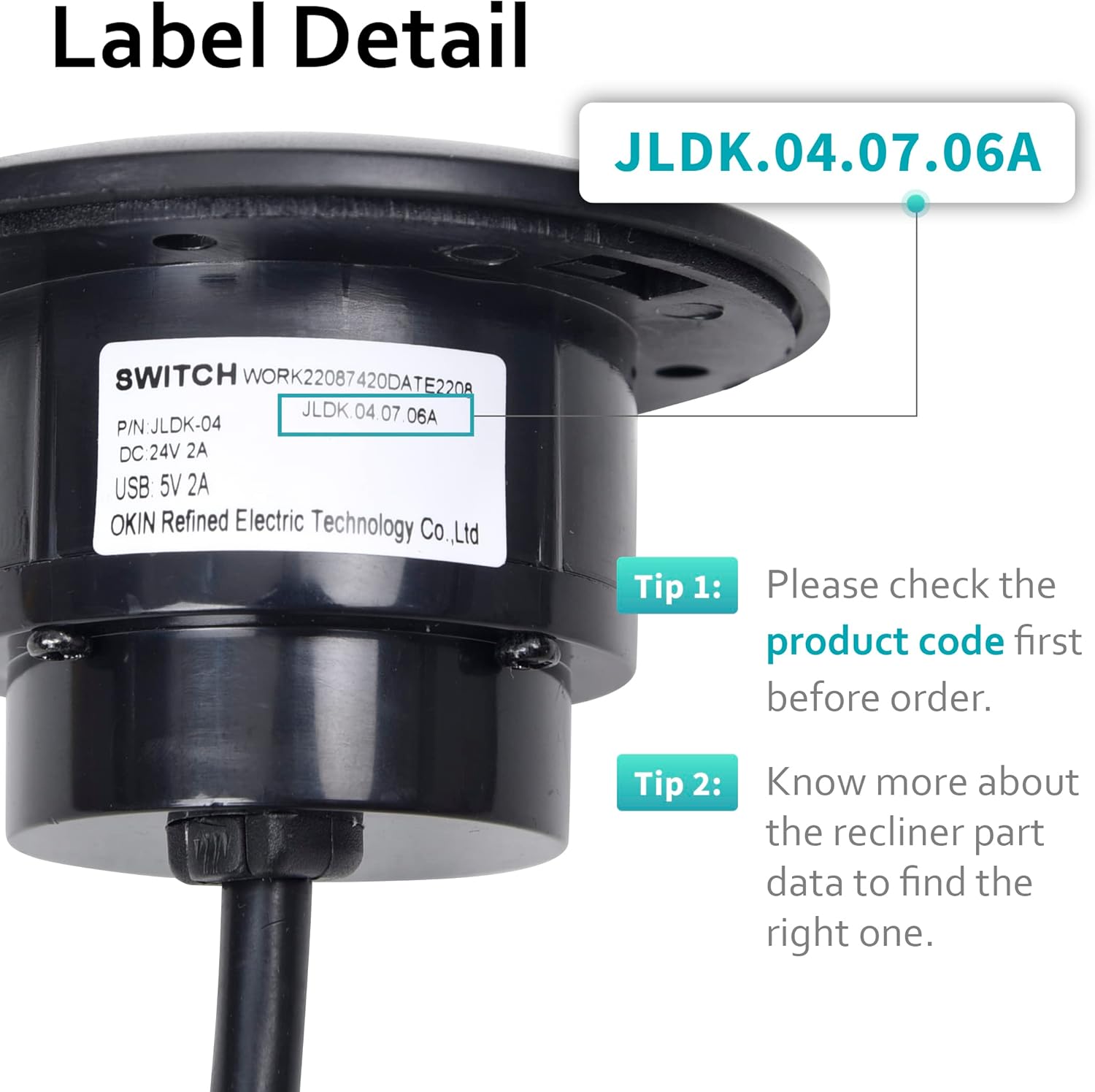 Rincian labél nunjukkeun nomer modél JLDK.04.07.06A