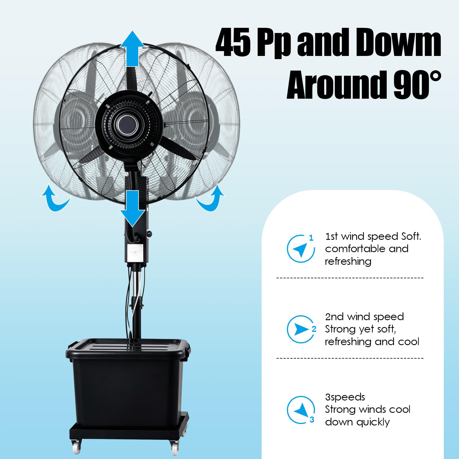 Ventilador Nebulizador de Pie Industrial Uso Industrial y Doméstico, 3 Velocidades, Oscilación 90°, Depósito Agua 42L con 4 Ruedas - Enfriador Larga Distancia para Exteriores, Patio, Garaje