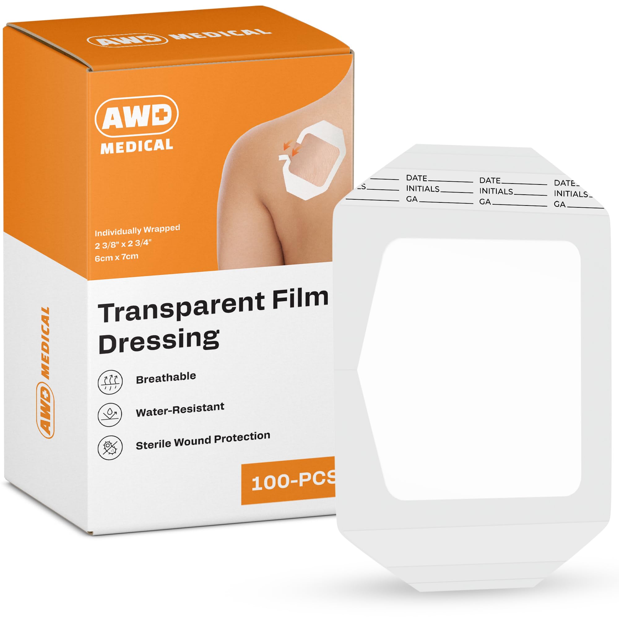 AWD Medical Transparent Film Dressing, Waterproof, 2 3/8x2 3/4 in, 100 Ct