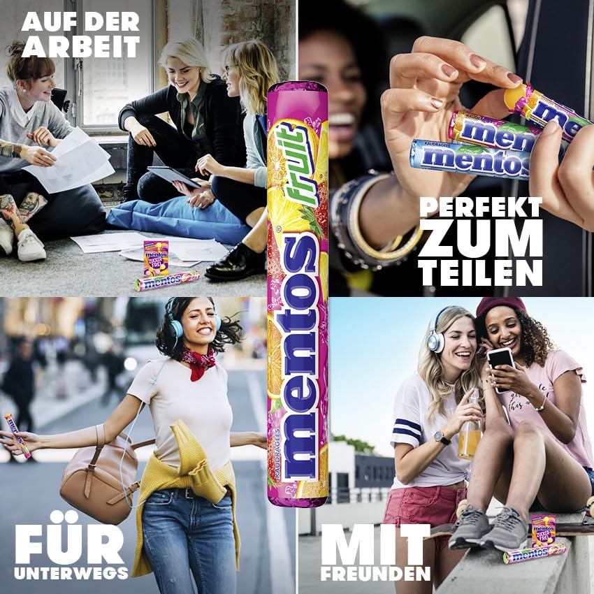 Mentos Fruit Dragees, Frucht-Bonbons Orange, Zitrone und Erdbeere, Kaubonbons mit fruchtigem Geschmack, Süßigkeiten (3 Rollen), vegan – Ansicht 4