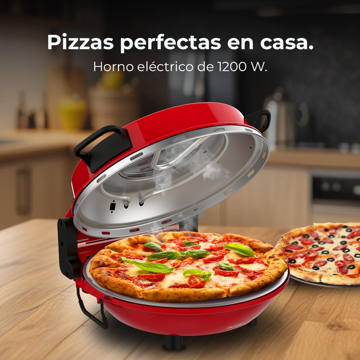 Cecotec Horno Eléctrico para Pizzas Pizza Maker Fun Pizza&Co Mamma Mía Window +. 1200W, Temp. de 15min, Cocina hasta 400ºC, Termostato Regulable, Cocción Uniforme, Placas de Piedra, Indicador Luminoso