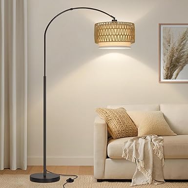 Rattan Floor Lamp, Arc Floor Lamps for Living Room, Farmhouse Standing Lamp with Adjustable Hanging Fabric Shade, Tall Pole Lamp with Foot Switch, Over Couch Arched Reading Light for Bedroom, Office