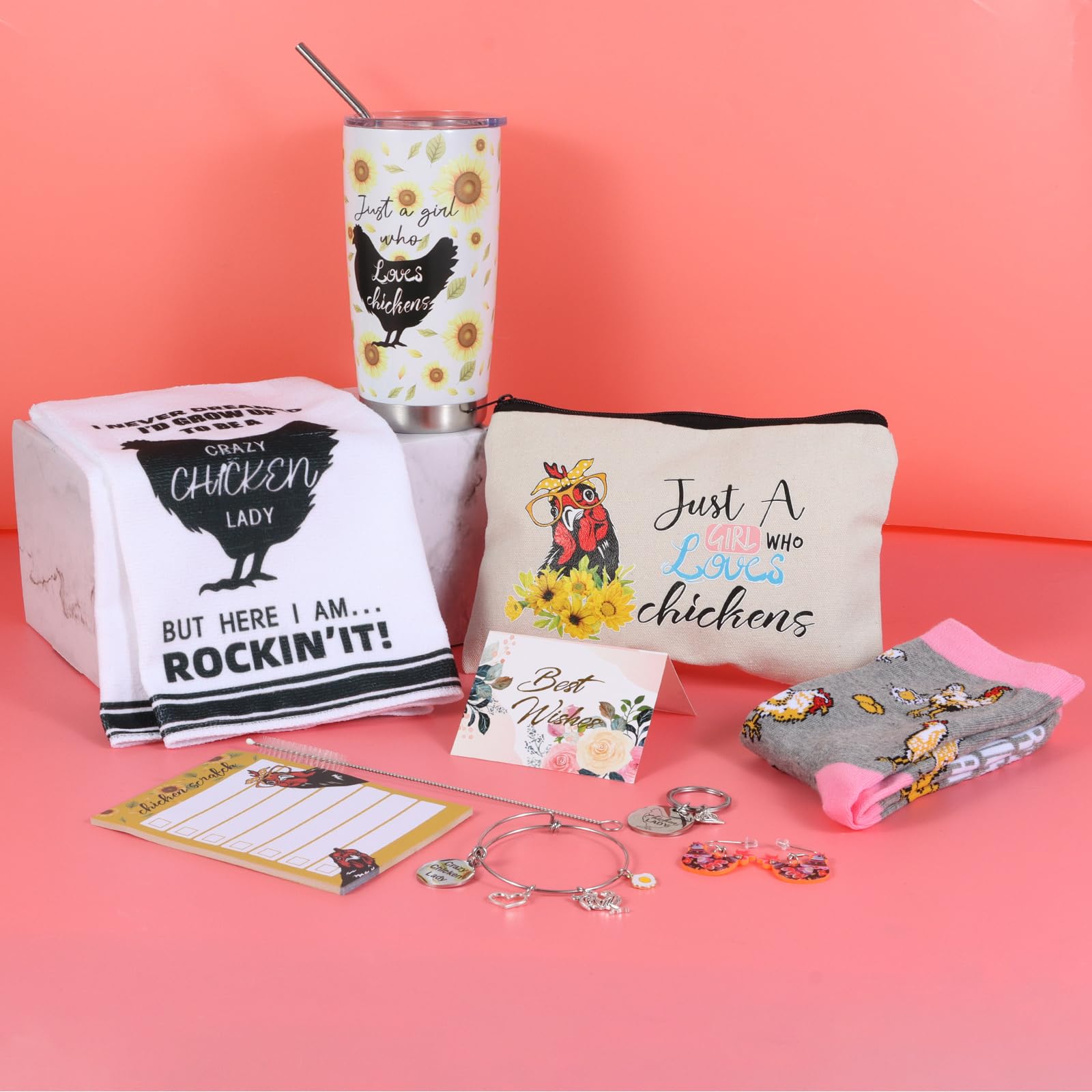 Kolewo4ever Chicken Lady Gifts Set Chicken Tumbler Cosmetic Bag Kitchen Towel Keychain Earrings Socks Charm Bracelet Notepad
