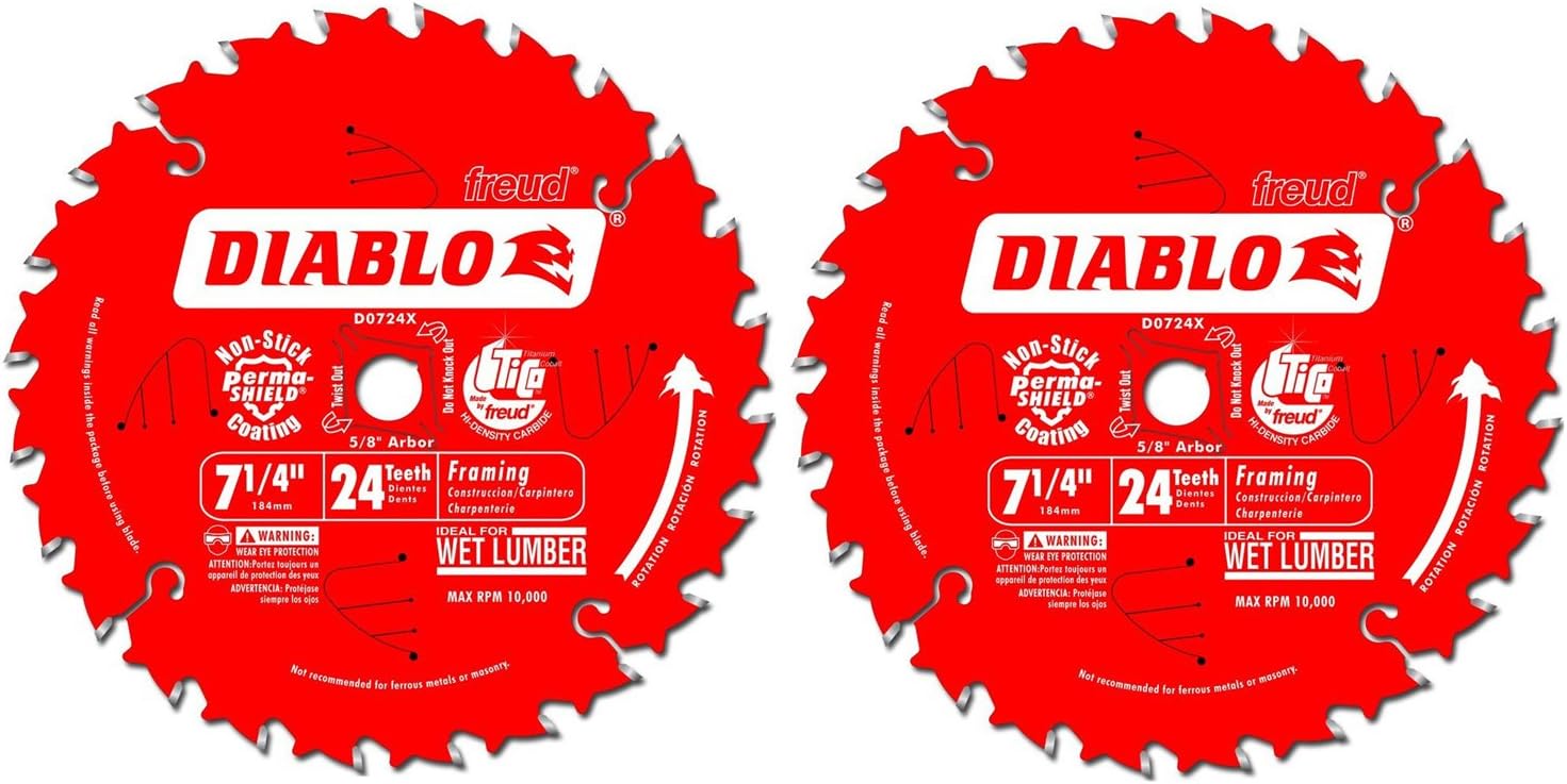 Diablo D0724P 7-1/4-Inch 24 Tooth ATB Carbide Framing Saw Blade with 5/8-Inch and Diamond Knockout Arbor (Pak of 2)
