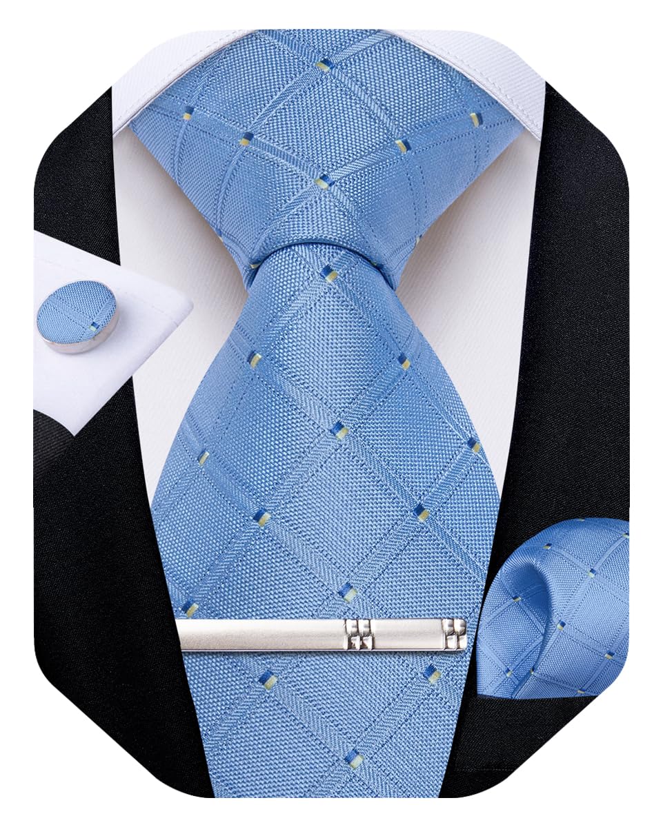 DiBanGu Mens Silk Plaid Tie and Pocket Square Set