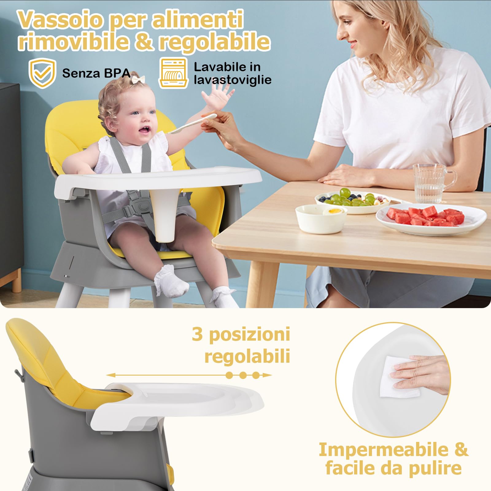 RELAX4LIFE 6 en 1 Trona Bebé con Arnes de 5 Puntos y Cojín Desmontables, Tronas de Bebe Portátil con Bandeja Ajustable y Extraíble, Mesa y Silla Infantil para Niños 6+ Meses, Carga 25kg (Amarillo)