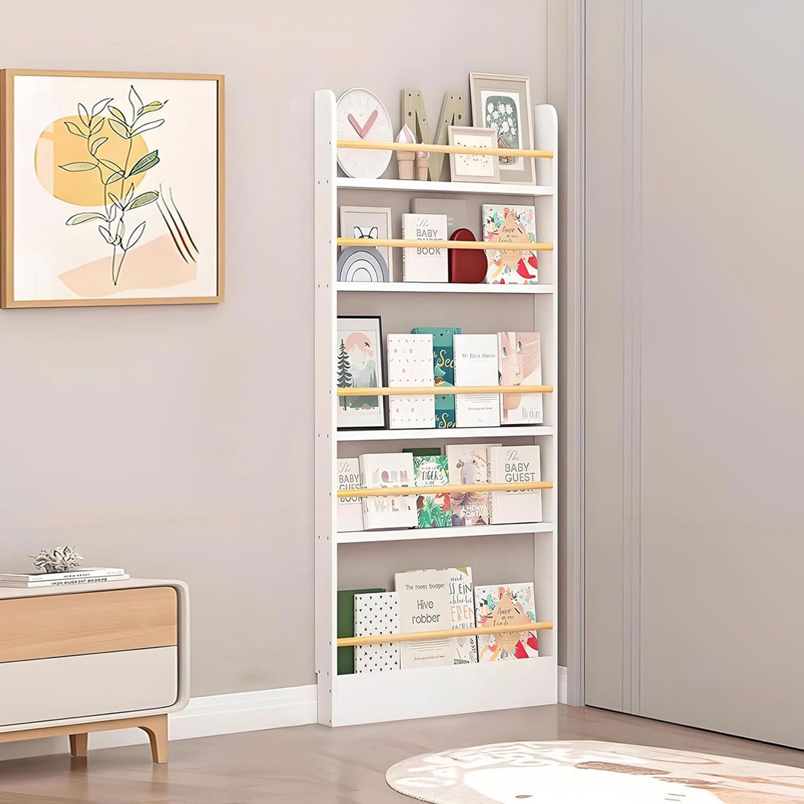 MoubhjdNarrow bookshelf behind door Display Racks Wall Mount Book Shelf Thin 10cm Narrow bookshelf behind door for Books,Storage in Bedroom,Living Room and Nursery（50x10x145cm+wood）