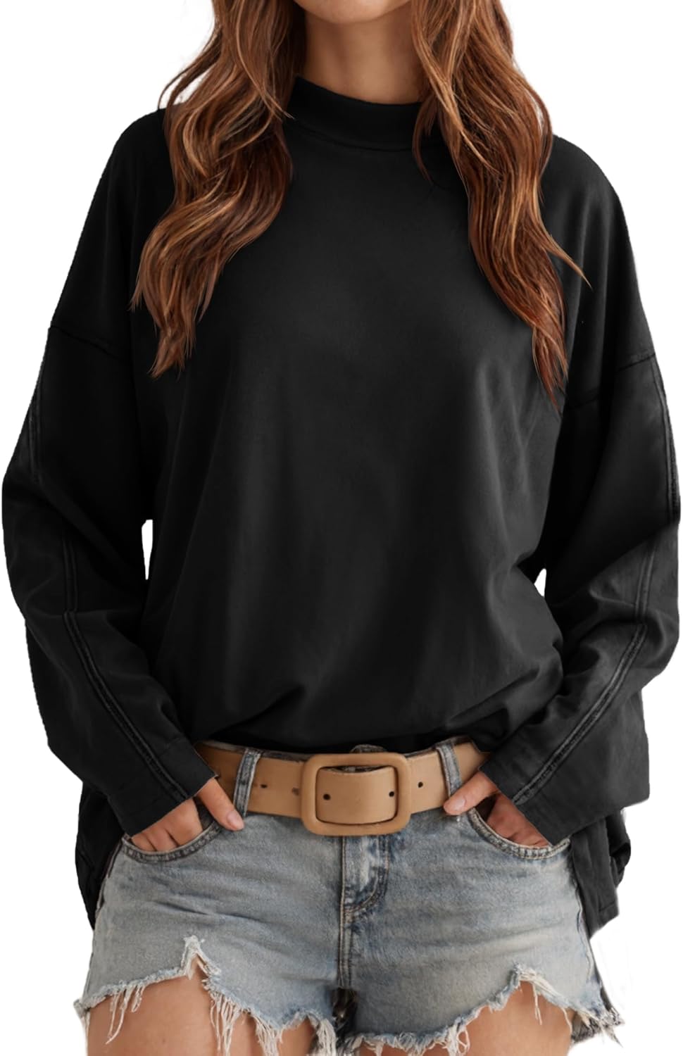 Tankaneo Womens Oversized Long Sleeve T Shirts Mock Neck Side Slit Tunic Tops Casual Loose Fit Tees