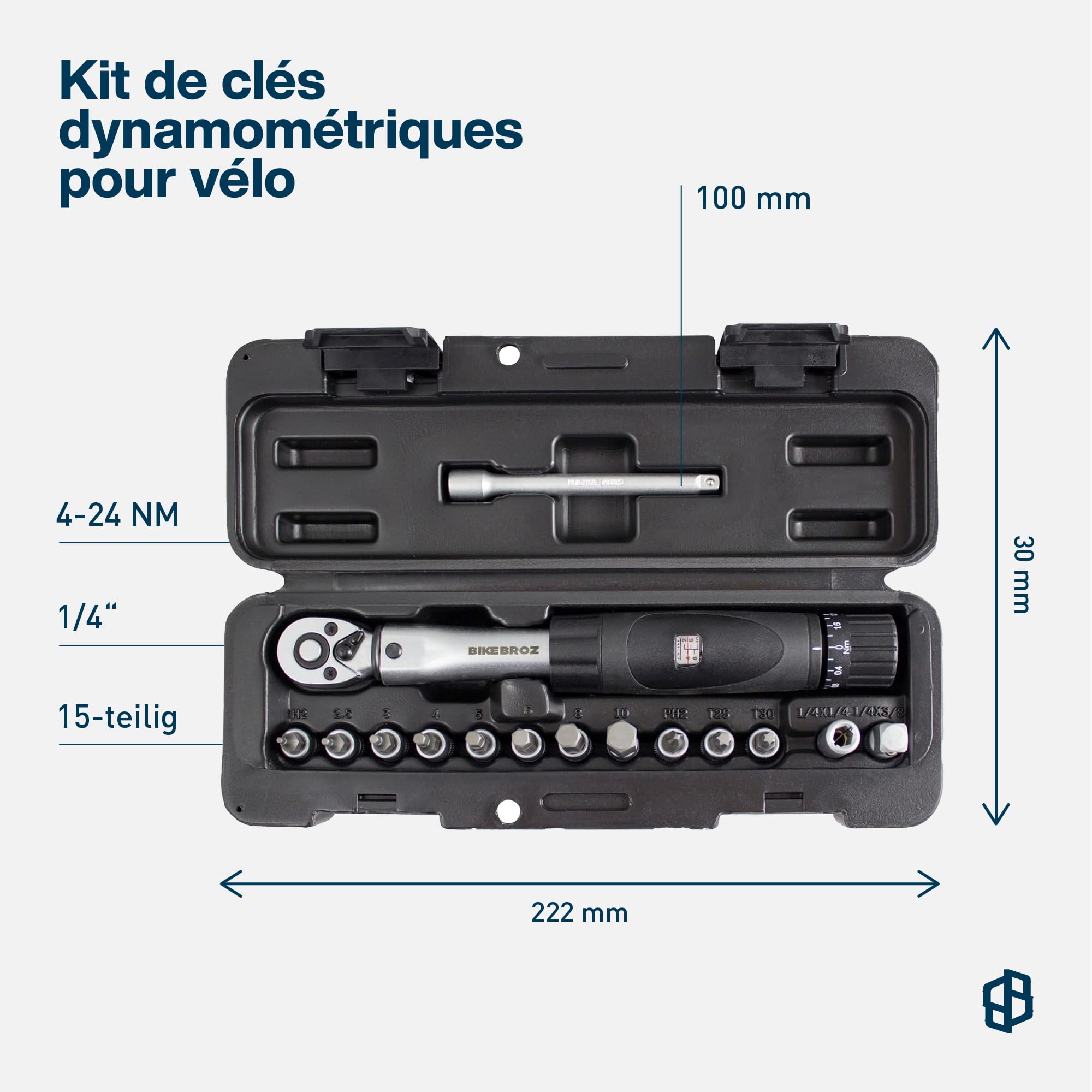 Lot de 15 clés dynamométriques 1/4" et clés à douille avec 4-24 Nm pour vélo, moto, etc. | Clé dynamométrique petite | Jeu d'outils Tim Torque Pro 70005