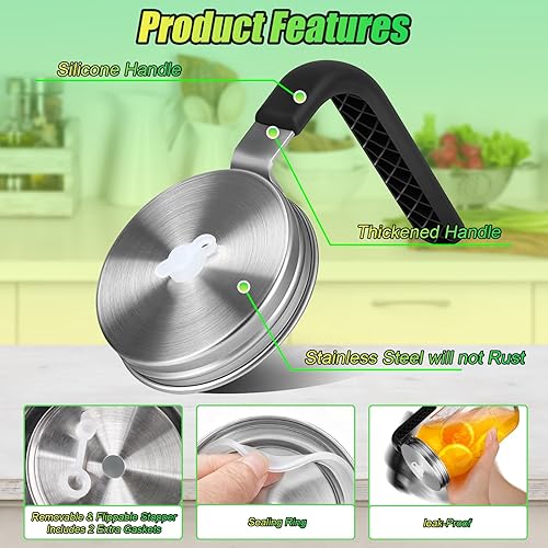 Miniatura 4 de Palksky Tapas para tarros Mason con agujero para popote y asa para frascos de boca regular, tapas para beber resistentes a fugas con anillos