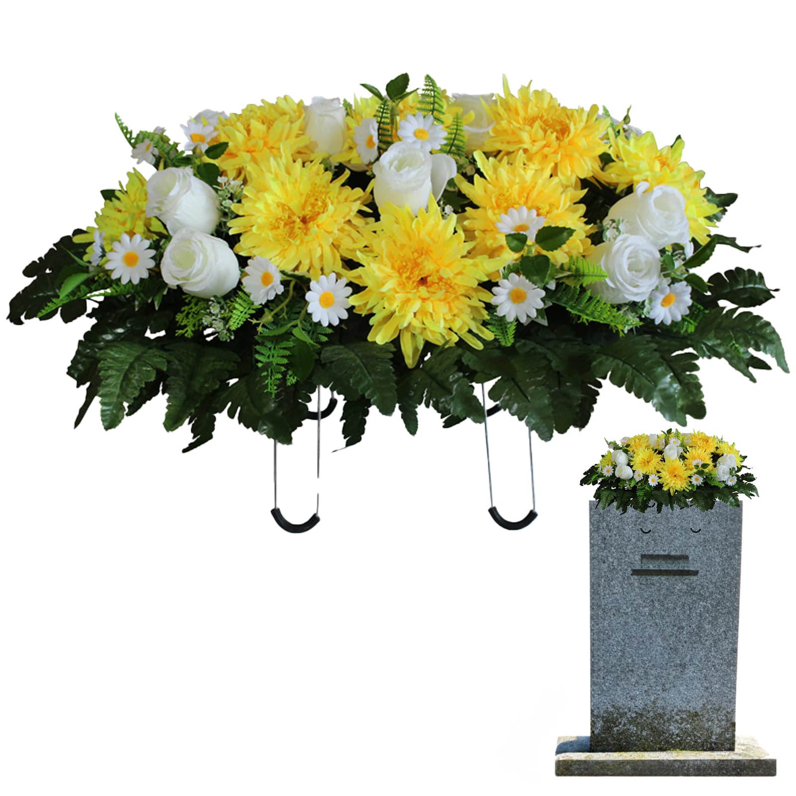 Cemetery Flowers - Outdoor Grave Decorations Cemetery Headstone Saddle Flower Arrangement in Chrysanthemum Series Grave Marker Decoration Sympathic Flowers (Chrysanthemum - Yellow)