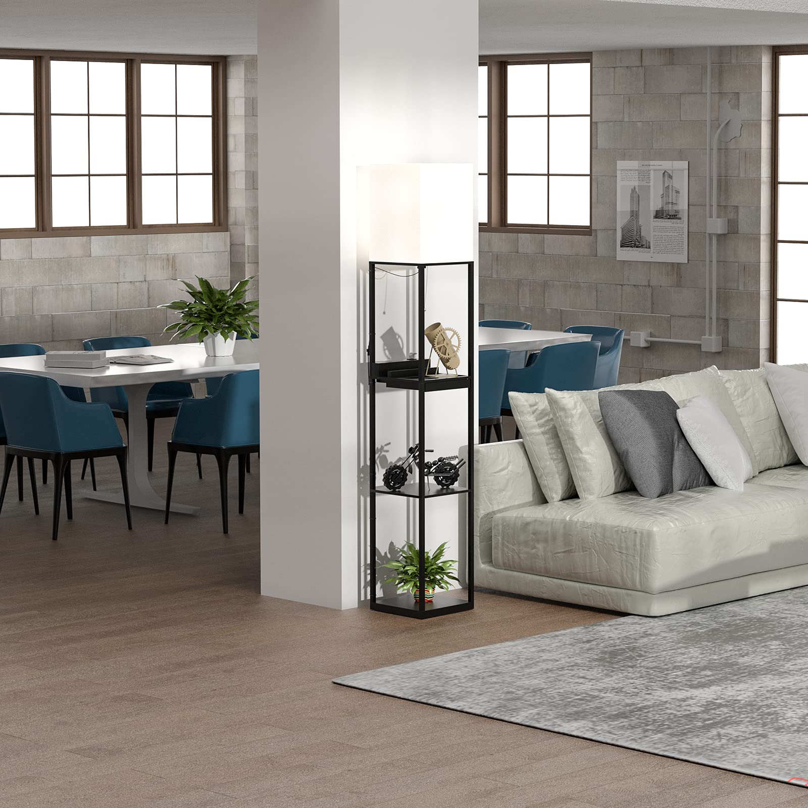 SUNMORY Stehlampe Wohnzimmer, Stehlampe mit Regal aus Massivholz, 3 Farbtemperaturen, 2 USB-Ladeanschlüsse und 1 Schublade, Stehlampen für Wohnzimmer, Schlafzimmer, Stehlampe Schwarz（Mit Glühbirne）