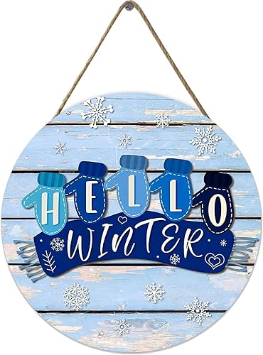 Letrero colgante de madera rústica, decoración de puerta de invierno, 12 x 12 pulgadas