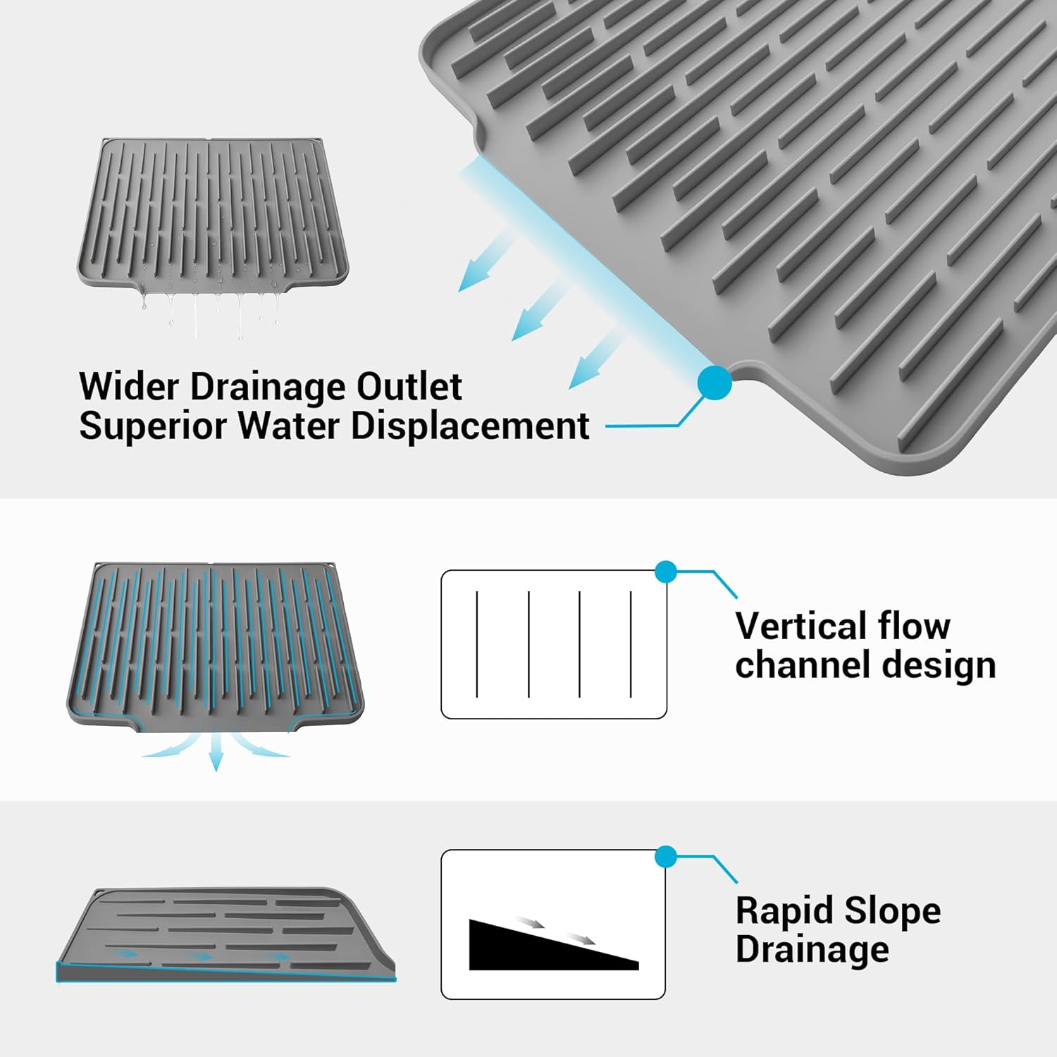 Silicone Dish Drying Mat for Kitchen Counter, Foldable & Heat Resistant Drying Pad with 5° Slope & Wide Drain, 15x12 Inch Non-slip Sink Mat for Bathroom and Countertop.(Dark Grey) - Image 3