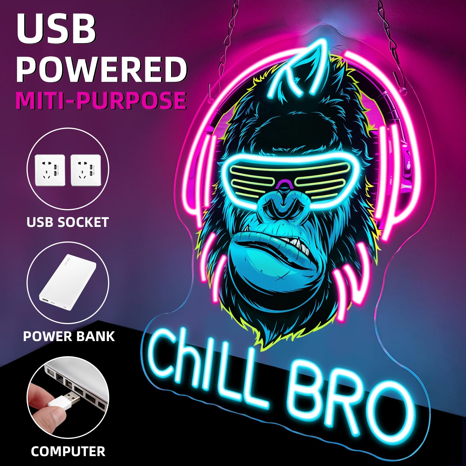 Chill Bro Gaming Headset Neon Schild Für Wanddekoration,Gorilla Neon Schild,Gaming Zone LED Schilder Für Spielzimmer,Gaming Zubehör Deko,Gaming Dekor,Tolles Gamer Geschenk Für Teenager,Jungen
