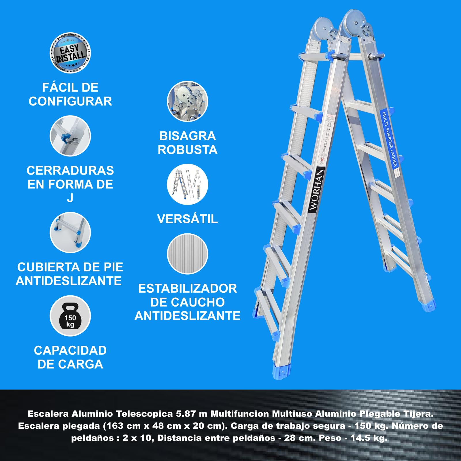 Escalera 587cm Aluminio Telescopica 5.87m Multifuncion Multiuso Aluminio Plegable Tijera L6