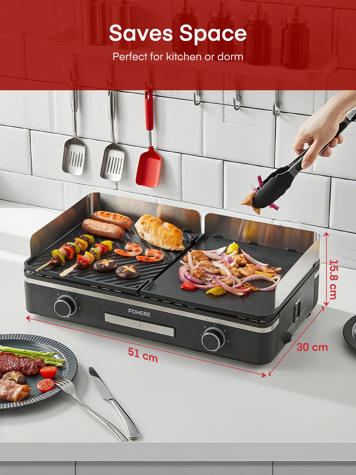 Image secondaire de Barbecue Électrique de Table FOHERE 2400W avec 2 Zones de Cuisson