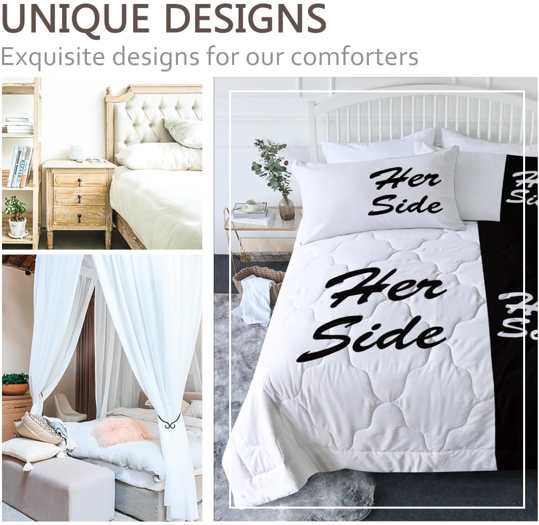 BlessLiving His Side & Her Side Comforter Set Black and White Bedding Set Modern Couple Comforter Set for Adults Women Men (King)