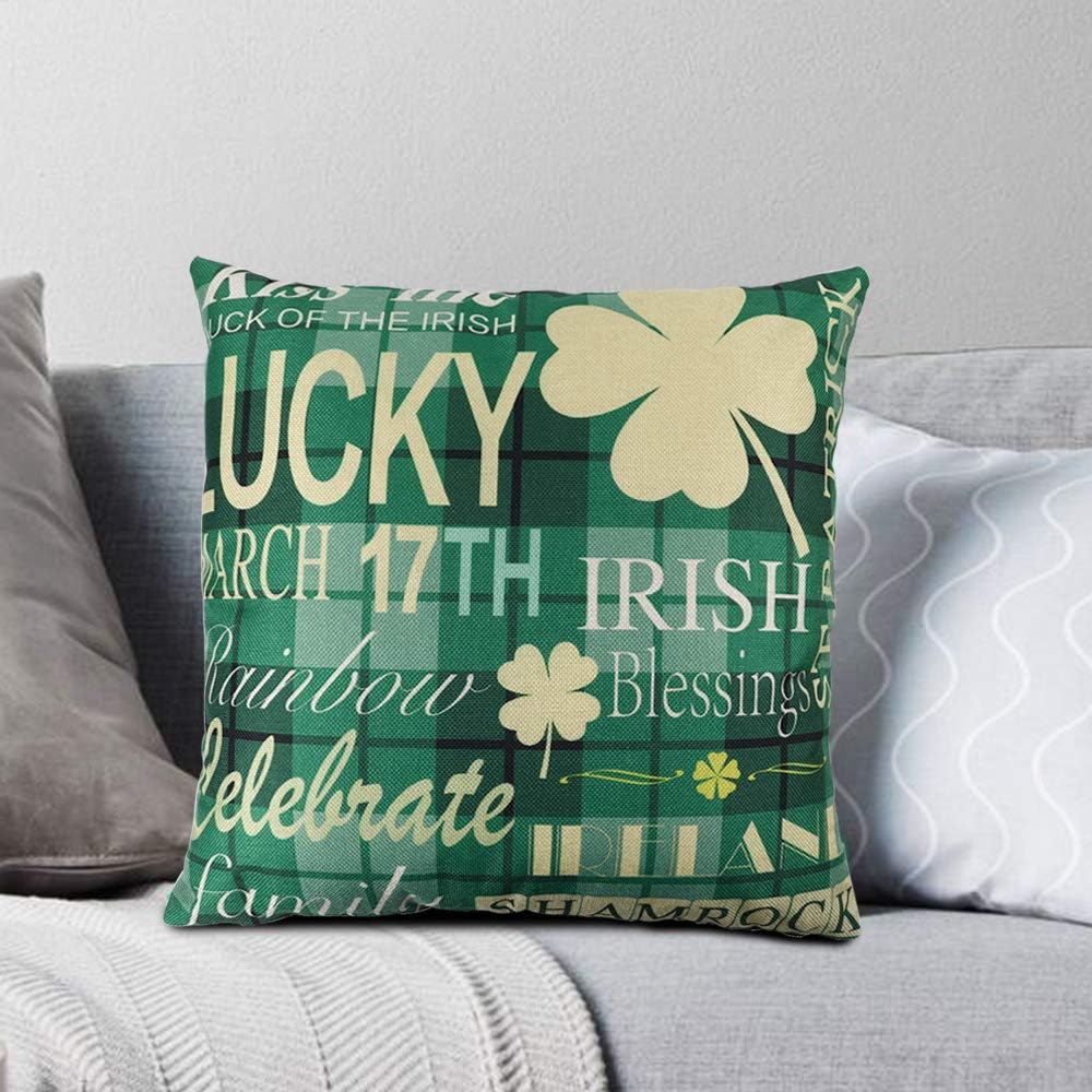 CDWERD St. Patrick's Day Pillow Covers 18x18 Inch St. Patrick's Day Green Shamrock Clover Decorations Farmhouse Throw Pillowcase Cotton Linen Cushion Case for Home Decor Set of 2