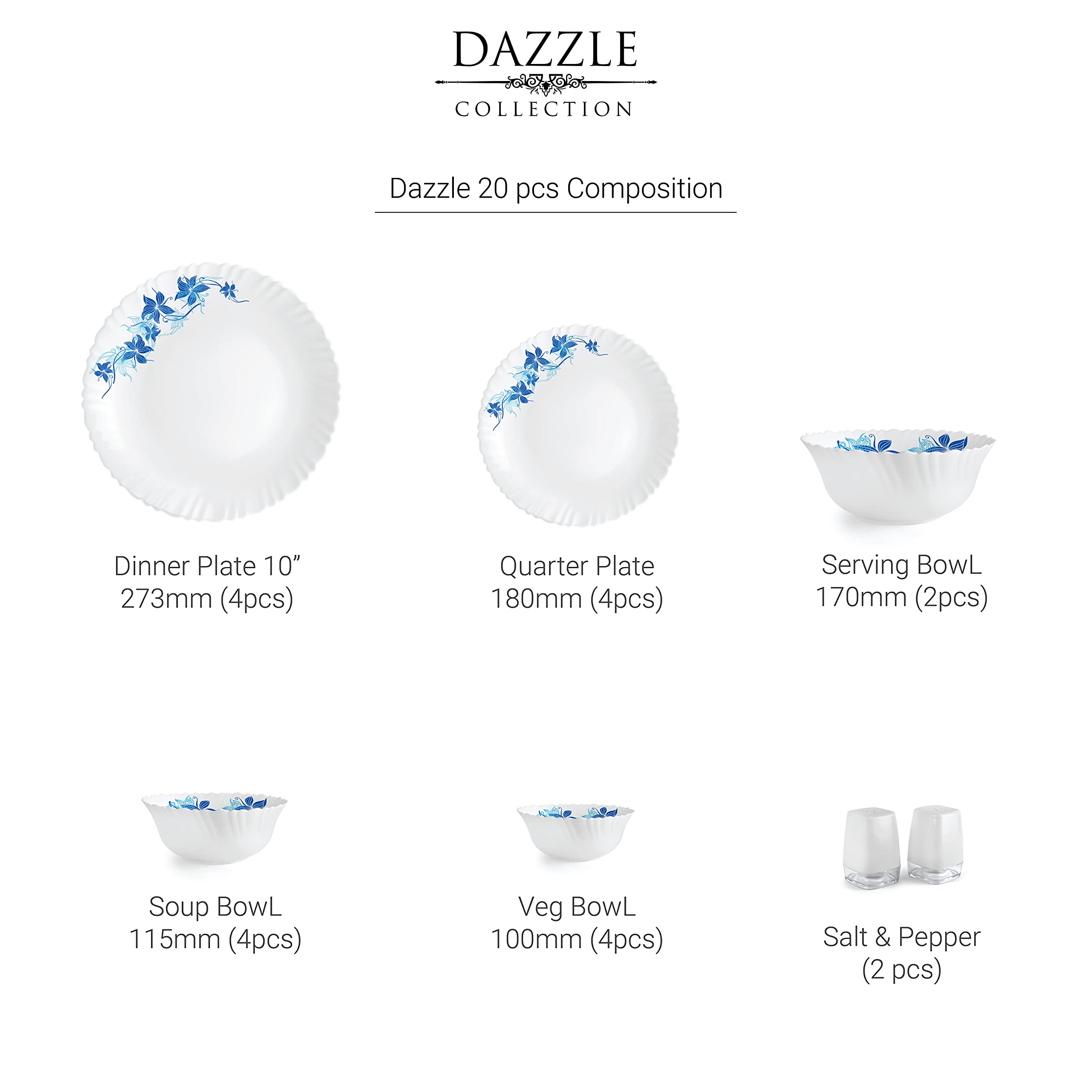 Cello Opalware Dazzle Series Blue Swirl Dinner Set, 20 Pcs | Light-Weight, Daily Use Crockery Set for Dining | White Plate and Bowl Set 2